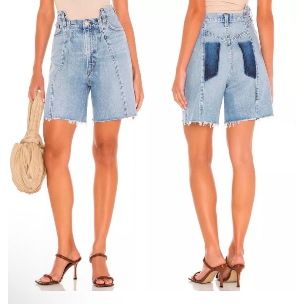 AGOLDE Pieced Angled denim Shorts Matrix blue wide leg flare distressed women 24